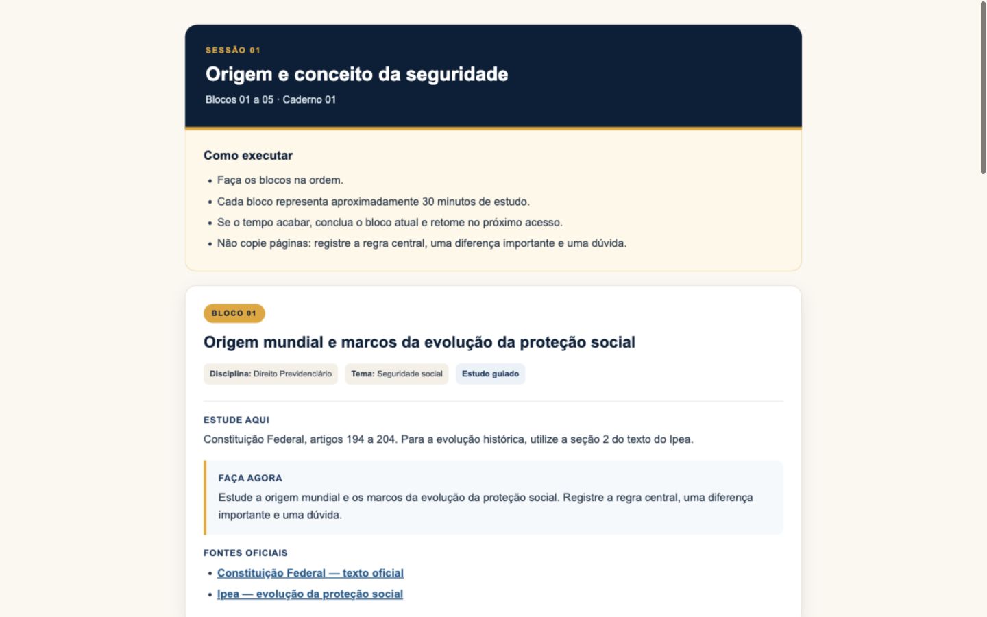 Tela real do Rota INSS mostrando a sessão de estudo guiado