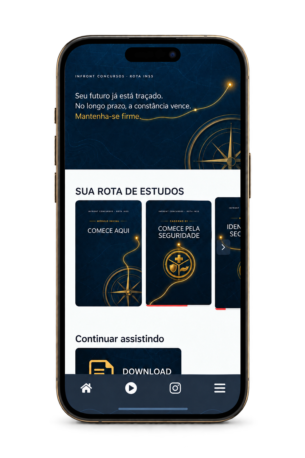 Rota INSS aberto em um celular, mostrando a área de membros e os cadernos de estudo